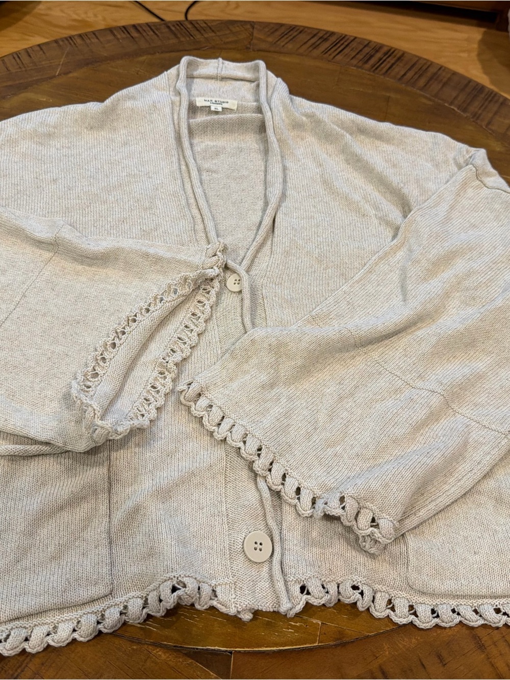 Max Studio Light Beige Crocheted Edge Cardigan